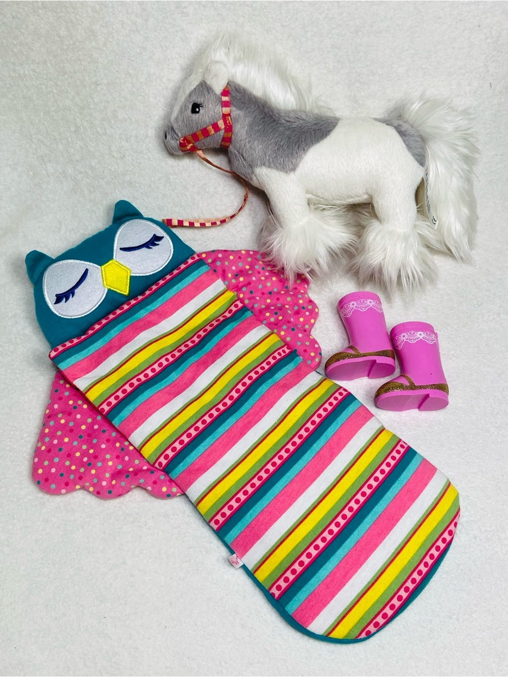7” American Girl Wellie Wishers Shetland Pony Plush Owl Sleeping Bag Boots